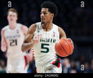 Coral Gables, en Floride, aux Etats-Unis. Dec 21, 2019. Garde les Harlond Beverly (5) en action au cours de la NCAA men's basketball match contre les Eagles à l'État Coppin Watsco Centre à Coral Gables, en Floride. Miami a gagné 91-60. Mario Houben/CSM/Alamy Live News Banque D'Images