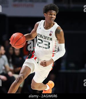 Coral Gables, en Floride, aux Etats-Unis. Dec 21, 2019. Garde les McGusty Kameron (23) entraîne la balle pendant le NCAA men's basketball match contre les Eagles à l'État Coppin Watsco Centre à Coral Gables, en Floride. Miami a gagné 91-60. Mario Houben/CSM/Alamy Live News Banque D'Images