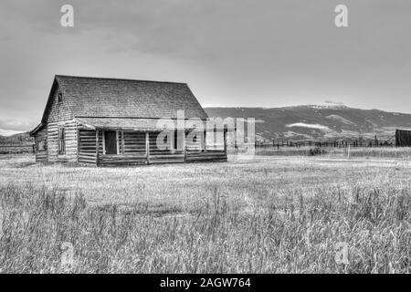 Le noir et blanc ancien log home à Jackson Wyoming Banque D'Images