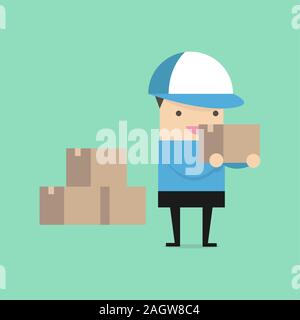 L'homme en uniforme bleu livraison holding boxes et documents dans différentes poses. vector Illustration de Vecteur
