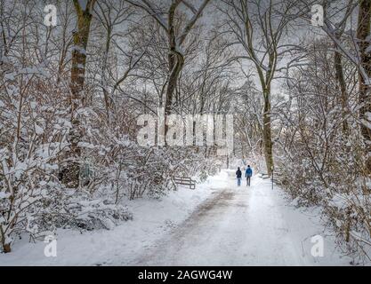 Couple dans le bois d'hiver sur une promenade dans la neige Banque D'Images