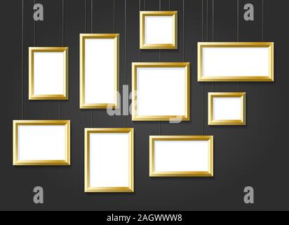 Définir des cadres d'or isolé sur fond noir. Vector illustration. Illustration de Vecteur