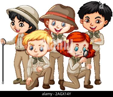 Cinq enfants en tenue de safari sur background illustration isolé Illustration de Vecteur