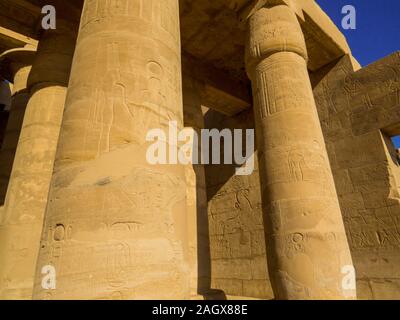 Piliers avec hiéroglyphes dans le Ramesseum temple de Louxor, Egypte Banque D'Images