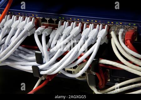 Câbles réseau blanc et des serveurs dans un centre de données de la technologie Banque D'Images