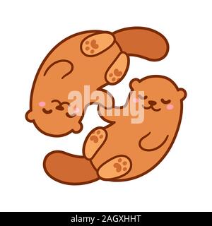 Cute cartoon otter couple holding hands. Kawaii loutre peu dans l'amour, vector clip art illustration. Illustration de Vecteur