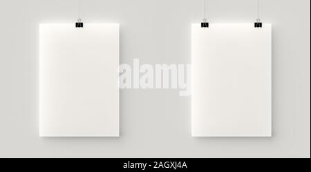 Ensemble de 2 affiches vide accroché à un fil noir avec clips. Feuille de papier vide contre un mur de béton mock up scène. Style minimaliste urbain portfol Banque D'Images