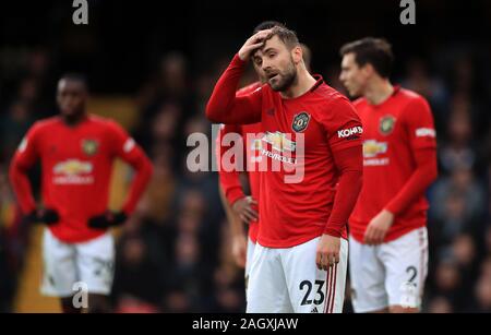 Manchester United, Luke Shaw au cours de la Premier League match à Vicarage Road, Watford. Banque D'Images