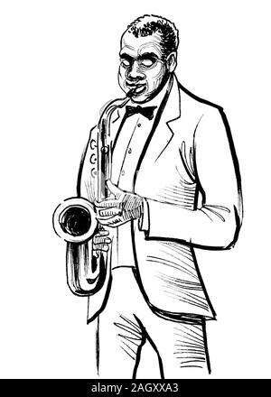 Musicien de jazz avec saxophone. Encre dessin noir et blanc Banque D'Images