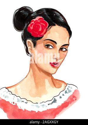 Belle femme espagnole. Illustration encre et aquarelle Banque D'Images