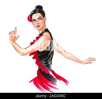 Belle femme dansant Flamenco. Dessin encre et aquarelle Banque D'Images