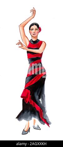 Encre et aquarelle dessin d'une jolie femme dansant Flamenco Banque D'Images