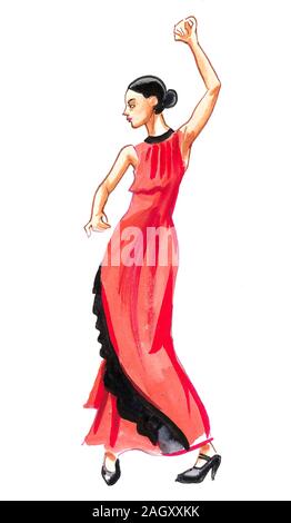 Belle danseuse Flamenco. Illustration encre et aquarelle Banque D'Images