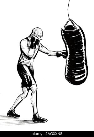 Homme de boxe. Dessin noir et blanc Encre Banque D'Images