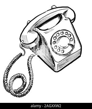 Retro téléphone à cadran. Dessin noir et blanc Encre Banque D'Images