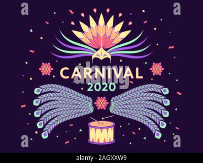 Maison de vacances Carnaval 2020 de l'affiche. Illustration Vecteur de fête et carnaval du Brésil. Composition de fête colorée avec du texte, des casquettes, des plumes, conf Illustration de Vecteur