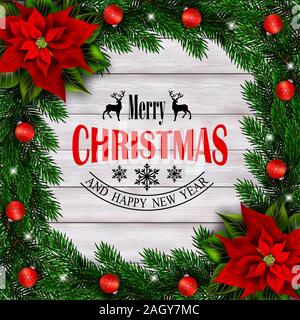 Vacances de Noël avec des branches de sapin, poinsettia, et des ornements. À voir, la composition sur fond de message texte. Banque D'Images