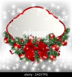 Bannière de Noël décoré avec des branches de sapin et ornements rouge et ruban bow. Fond brillant mousseux. L'espace de copie pour le texte. Banque D'Images