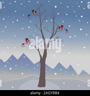 Arbre d'hiver avec peu de petits fruits et d'oiseaux rouge sur un fond de montagnes à froid et sombre ciel enneigé. Nature de la saison. Snowy paysage naturel. Vec Illustration de Vecteur