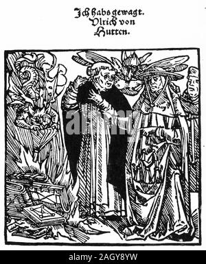 Page de titre d'une brochure dans laquelle Ulrich Von Hutten manifestations contre l'incendie des livres de Luther à Mayence. Publié 1520-21. Banque D'Images