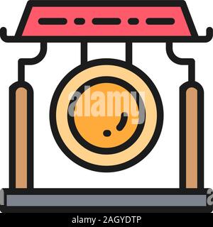 Gong chinois, instrument de musique d'Asie sur l'icône de la ligne de couleur à plat. Illustration de Vecteur