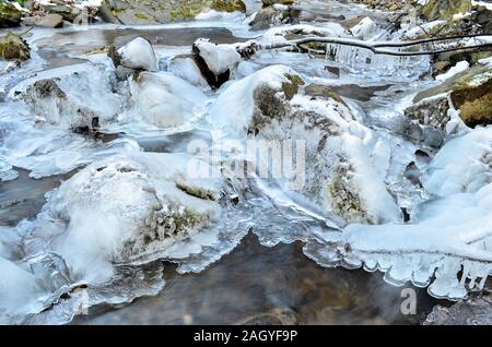 Détail de l'omble congelé - cascade de glace, petite cascade, pierres, les glaçons sur les branches et les pierres et d'eau laiteuse Banque D'Images