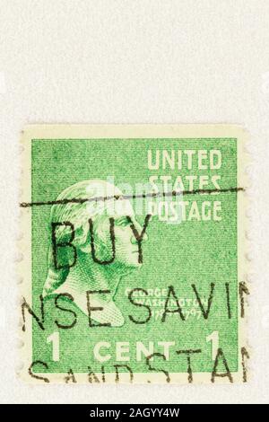 Timbre de la bobine de l'ancien président des États-Unis George Washington. L'un vert 100 Affranchissement délivré en 1939. Scott # 839. Banque D'Images