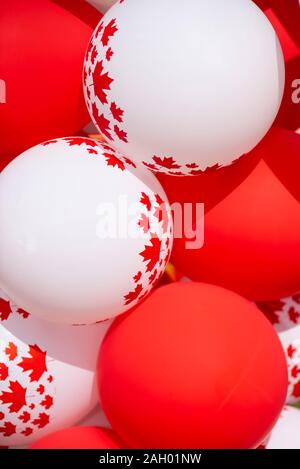 Ballons rouges et blancs ornés de feuille d'érable et drapeau canadien, symbolique de la fête du Canada célébrée chaque 1er juillet Banque D'Images