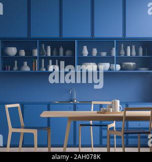 Grande cuisine moderne design. Cuisine design minimaliste avec des armoires de bleu. 3D illustration Banque D'Images