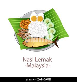 Vue de dessus de l'alimentation populaire national de l'ASEAN, Nasi lemak,in cartoon vector design Illustration de Vecteur