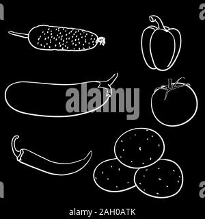 Légumes sur fond noir. Contours doodle. Vector illustration. Illustration de Vecteur