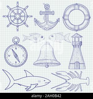 Symboles nautique. Collection d'esquisses. Sur fond d'ordinateur portable. Vector illustration. Illustration de Vecteur