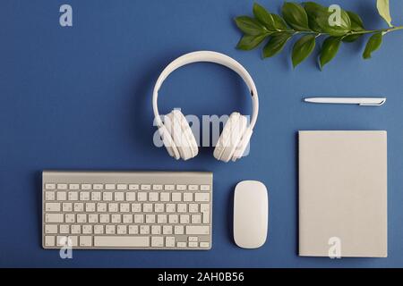 Clavier et souris, branche avec feuilles vertes, écouteurs, carnet et un stylo Banque D'Images