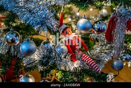 Selective focus on naughty lutin de Noël assis dans un arbre de Noël décoré Banque D'Images