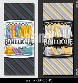 Les modèles vectoriels de Boutique, brochure avec illustration of colorful robes de femmes hanging on rack dans une rangée, pinceau décoratif typeface pour mot bou Illustration de Vecteur