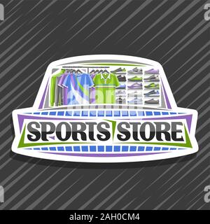 Logo Vector pour magasin de sport, blanc decorative sign board avec illustration de chaussures de sport moderne et de nouveaux vêtements à la mode sur crémaillère consécutives de l'activit Illustration de Vecteur