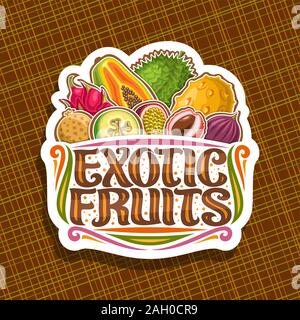 Logo Vector pour des fruits exotiques, couper le papier décoratif tag avec illustration de regrouper différents fruits sains colorés, pancarte à caractère original Illustration de Vecteur