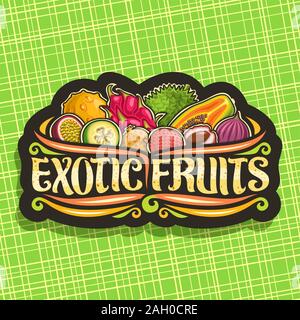 Logo Vector pour des fruits exotiques, badge décorative noire avec illustration de heap variété des fruits naturels, signe avec le caractère original des mots ex Illustration de Vecteur