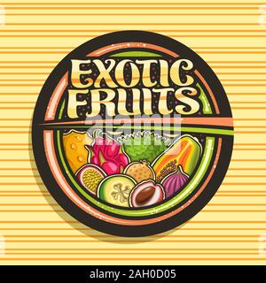 Logo Vector pour les fruits exotiques, l'icône décorative noire avec illustration de divers fruits sains du groupe, conception enseigne avec lettrage pinceau original Illustration de Vecteur