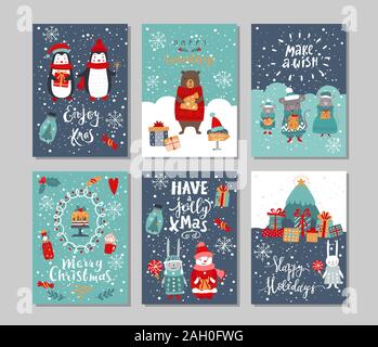 Ensemble de cartes de souhaits de temps des fêtes d'hiver. Vector set de Noël Illustration de Vecteur