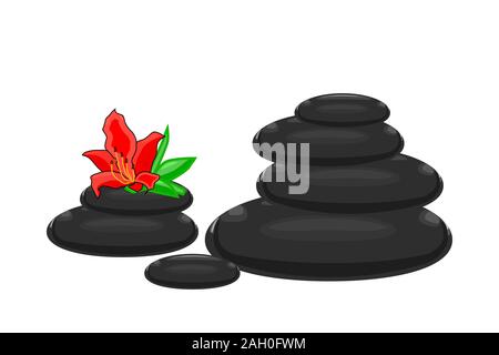 SPA des cailloux avec azalea flower isolated on white background. Les pierres noires illustration pour salon spa, massage, centre de yoga, bien-être. Vecteur Stock Illustration de Vecteur