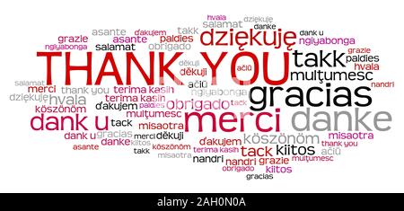 Merci mots graphiques. Merci International inscription en plusieurs langues, notamment en anglais, français, allemand, néerlandais et polonais. Banque D'Images