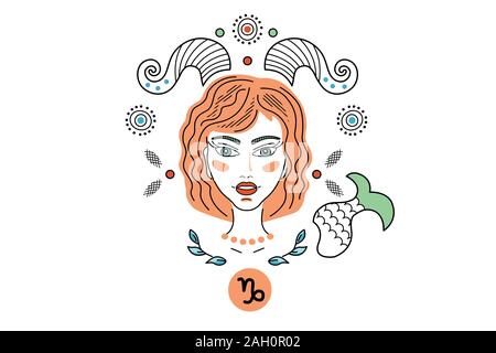 Vector Illustration de constellations du zodiaque Capricorne, logo, tatouage. Fille ou femme avec des cornes et une queue de poisson, l'ornement de fantaisie Banque D'Images