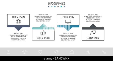 Vector infograph modèle plat. Forme avec flèche de quatre diagrammes, graphique, organigramme, plan de montage, workflow, web. Concept d'affaires avec 4 étiquettes Illustration de Vecteur