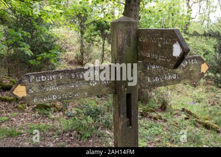 En bois très ancien sentier public panneau dans le Lake District Banque D'Images