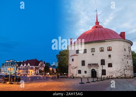 Vyborg, Oblast de Léningrad, en Russie - 12 septembre 2018 : time lapse collage de jour au crépuscule de transition. La place du marché et la tour ronde Banque D'Images