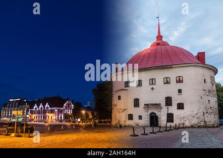 Vyborg, Oblast de Léningrad, en Russie - 12 septembre 2018 : time lapse collage de jour à la tombée de la transition. La place du marché et la tour ronde Banque D'Images