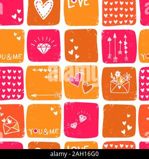 Cute hand drawn saint Valentin romantique sans couture, modèle de base avec des coeurs, gribouillages, flèches et diamants - type grand pour le textile, l'emballage, le b Banque D'Images