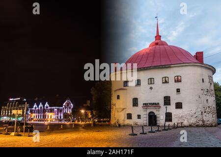 Vyborg, Oblast de Léningrad, en Russie - 12 septembre 2018 : time lapse collage de Jour à Nuit de transition. La place du marché et la tour ronde Banque D'Images