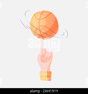 Vector illustration de balle de basket-ball à plat sur un doigt. Astuce jeu de basket-ball professionnel. Basket-ball en rotation sur un doigt, vector icône moderne Illustration de Vecteur